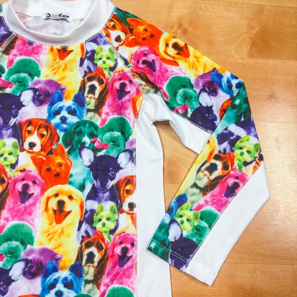 Jxstar Bright Multicolor Rainbow Long Sleeve Dog Puppy Graphic Rashguard 8-9Y